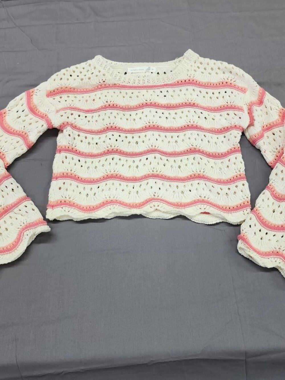 Altar'd State Womens XS Sweater Cropped Open Knit Bell Sleeve Striped Pink